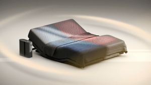 A black mattress with a red and blue design